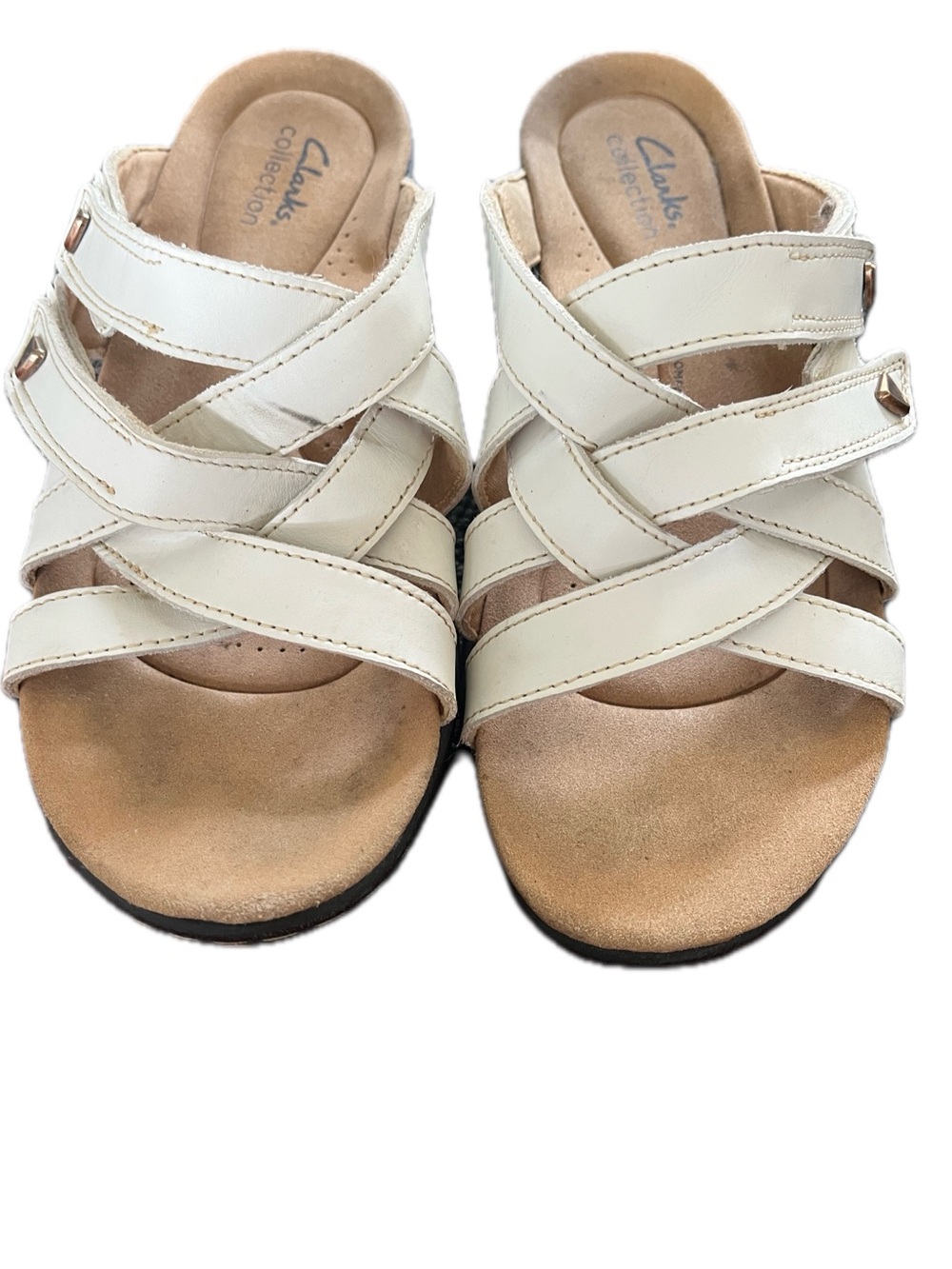 Clarks White Leather Cross-Strap Slide Sandals